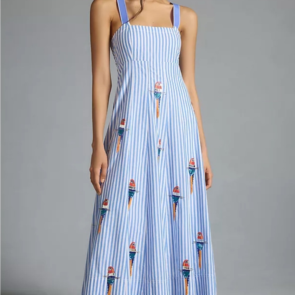 Maeve x Anthropologie Blue and White Striped Sleeveless Sundress Sequin Birds